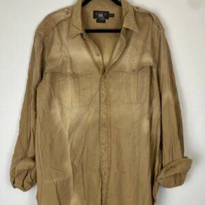 RRL Ralph Lauren Distressed Sun Faded Khaki Button Down Cotton Safari Shirt XXL
